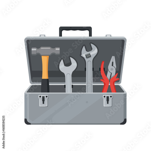 A metal toolbox is open, showcasing a collection of essential tools including a hammer, wrenches, and pliers, ready for work.
