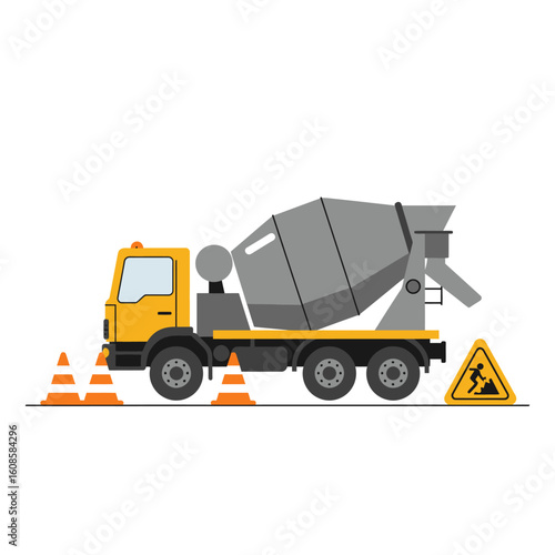 A yellow concrete mixer truck is parked next to orange traffic cones and a construction sign, isolated on a clean white background, in a vector illustration.