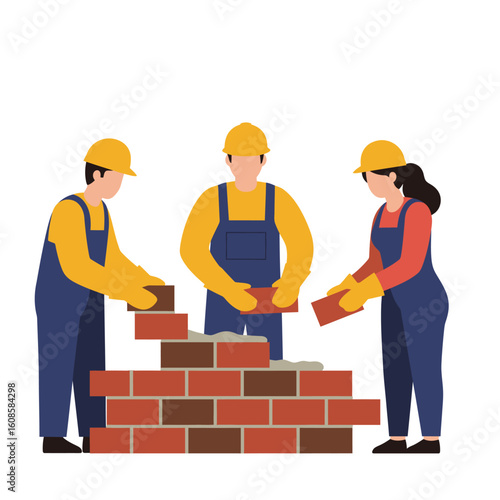 A diverse team of three construction workers, including men and a woman, collaboratively builds a sturdy brick wall in a clean, professional illustration.