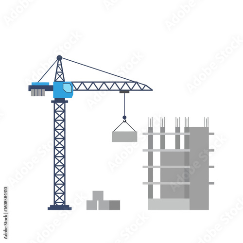 A vector illustration depicts a construction site with a tall crane lifting a concrete block, alongside a building under construction, all against a clean white background.