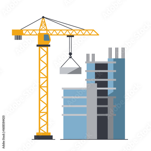 A flat vector illustration shows a crane lifting a concrete block next to a building under construction, set against a clean white background.