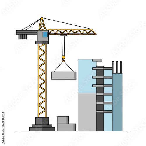 A modern yellow tower crane lifts a heavy concrete block next to a partially constructed high-rise building, illustrating ongoing urban development.