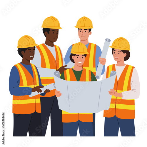 A diverse group of construction workers in safety vests and hard hats collaborate, reviewing blueprints for a new building project, fostering teamwork.