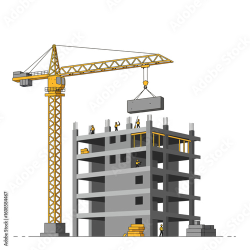 A construction crane lifts a concrete block to the top of a multi-story building under construction, showcasing engineering and urban development in progress.