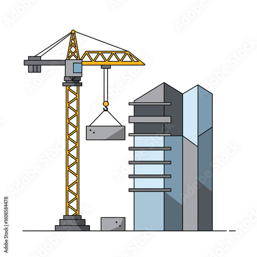 A construction crane is shown lifting a concrete block to build a modern skyscraper in this clean, minimalist line art illustration on white.