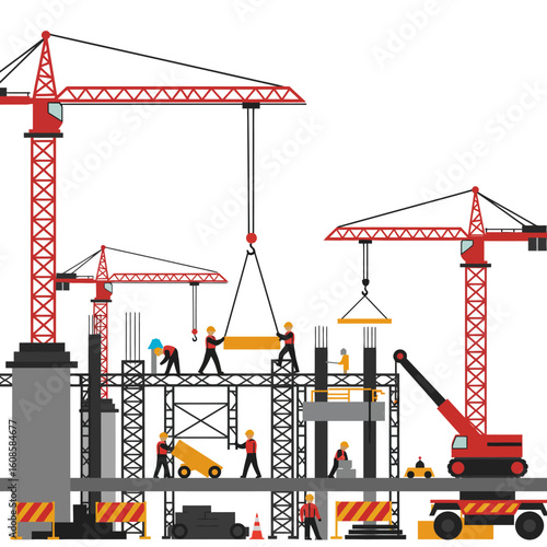 A vibrant illustration showcases a bustling construction site, filled with multiple cranes, workers, and building materials, depicting a dynamic scene of urban development and infrastructure projects.