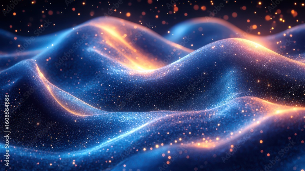 Fototapeta premium A mesmerizing wave of sparkling blue and orange light, resembling a cosmic landscape.