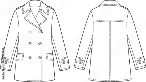 Flat vector CAD fashion sketch of women's double-breasted trench coat with wide lapel, front buttons, pockets, and cuff details