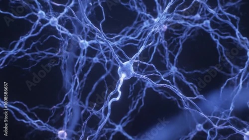 Orbiting a central nerve cell as it processes information, sending electrical signals through a network of glowing synapses in the brain