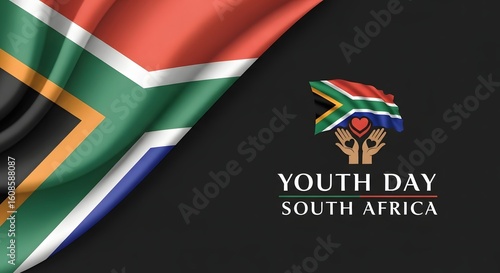South Africa Youth Day Banner Flag Waving with Hands Holding Heart
