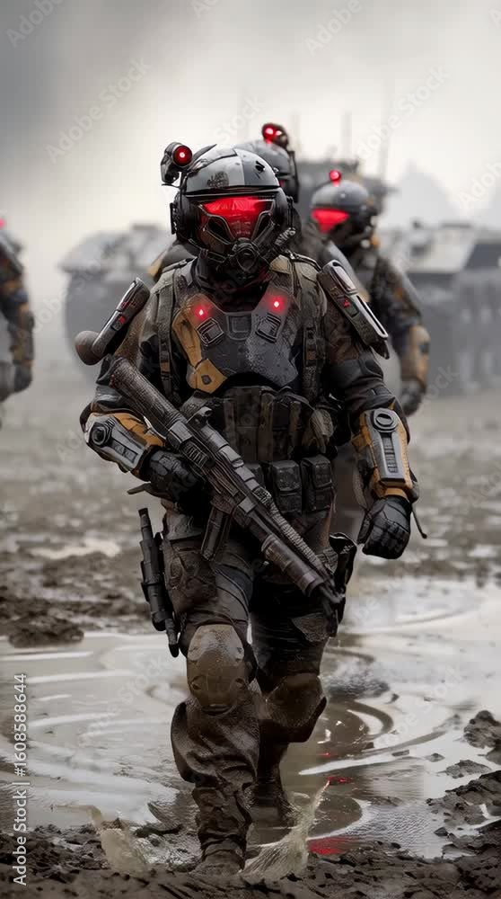 Futuristic Soldiers March Through Muddy Terrain Futuristic Soldiers March Through Muddy Terrain