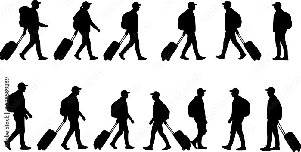 Fototapeta premium Traveling people silhouettes with luggage vector illustration design set 