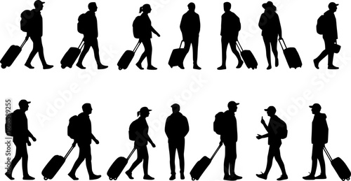 Traveling people silhouettes with luggage vector illustration design set
