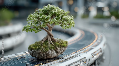 Small tree on circuit platform symbolizes harmony of ecology and technology, green transformation, and sustainability in digital design 