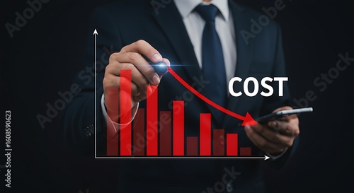Businessman illustrates cost reduction with a descending graph and financial analysis concept