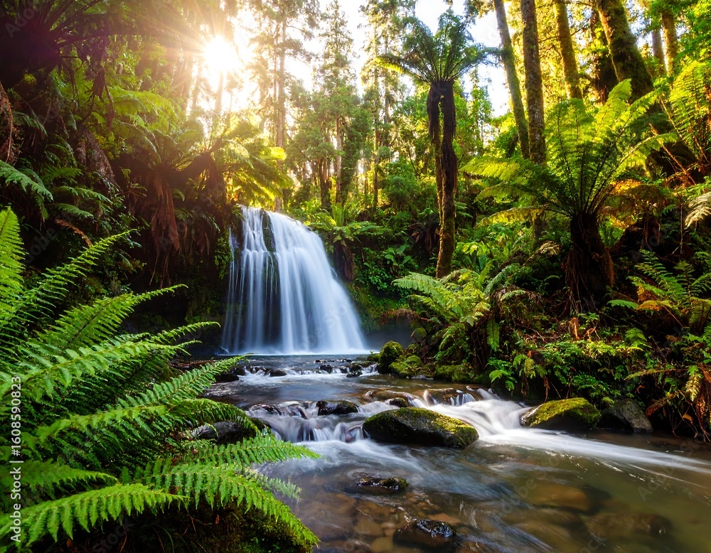 Fototapeta premium Lush waterfall cascading through ferns and ancient forest. Sunlight streams through the canopy