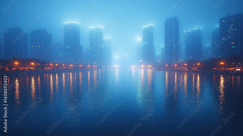 Obraz premium A foggy cityscape with illuminated buildings reflecting on a calm river at night.