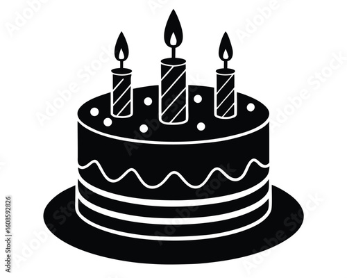 A celebratory birthday cake with lit candles isolated on white background