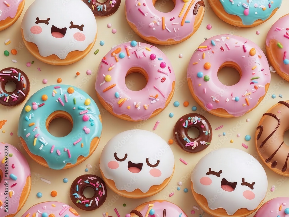 Obraz premium A delightful assortment of cute kawaii donuts with pink and white frosting and colorful sprinkles. A sweet, sugary dessert pastry background