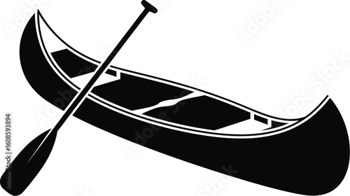A black and white illustration of a canoe with a paddle crossing it on a white background image view