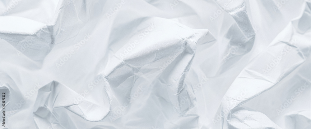 Obraz premium Abstract background of crumpled white paper with soft light and shadow, creating a textured visual that blends minimalism and tactile realism for creative layouts or natural design elements.