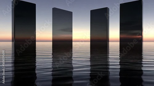 Wallpaper Mural Reflective Monoliths: Serene Water Reflections at Sunset, Minimalist Art Torontodigital.ca