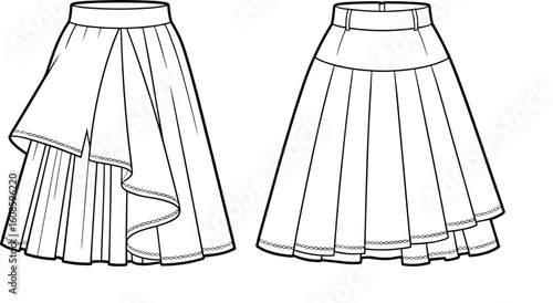 Fashion flat sketch of layered pleated skirts, vector outline drawing for apparel design, technical garment illustration, CAD template
