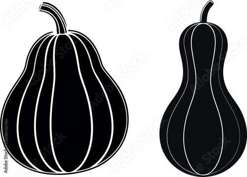 Two distinct ornamental gourds shown in a striking black and white silhouette style