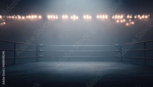 Empty boxing ring under stadium lights