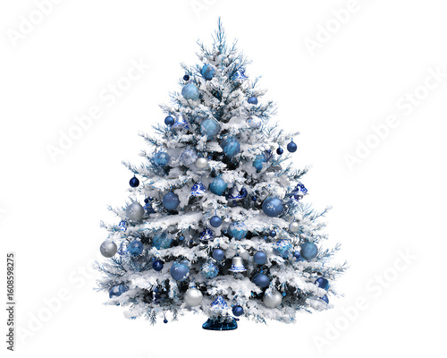 Snow-Dusted Christmas Tree with Blue Ornaments and Cool Lighting, Transparent PNG