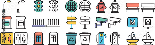 A diverse set of urban infrastructure and city life icons shown in both color and outline styles.