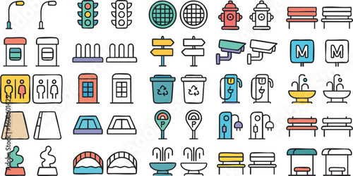A diverse collection of city life and urban infrastructure icons, shown in both colorful and simple outline styles, representing common public objects and services.