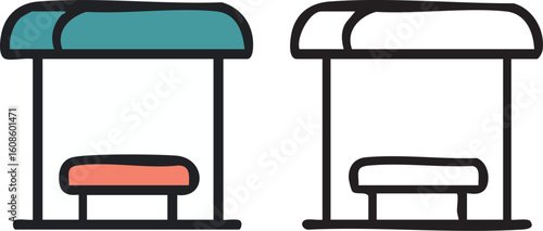 Two hand-drawn icons of a bus stop shelter with a bench, presented in both color and monochrome line art.