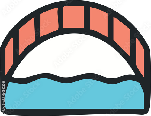 A simple cartoon illustration of an arched bridge spanning over wavy blue water.