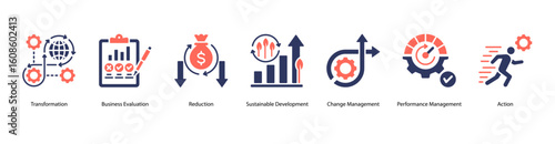 Organizational Transformation web banner icon vector illustration with Transformation, Business Evaluation, Reduction, Sustainable Development, Change Management, Performance Management, and Action.
