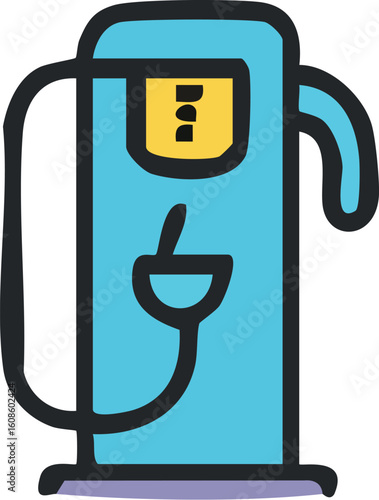 A simple, colorful illustration of a light blue electric vehicle charging station with a yellow screen and black plug.