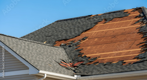 Urgent Home Roof Repair: Severe Storm Damage with Missing Shingles and Exposed Plywood