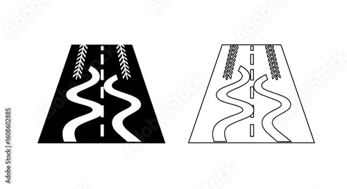 Winding road icons, black and white versions, illustrating a curving path with tire tracks.