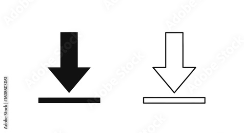 Two simple download icons, one black and one white outline, representing the action of downloading digital files.