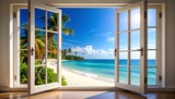 Tropical beach vista through open windows