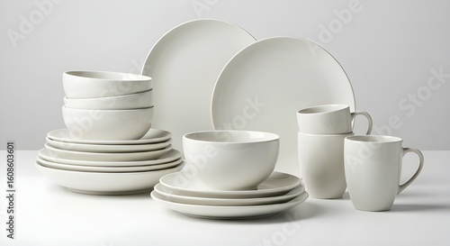 White ceramic dinnerware set isolated on white background.