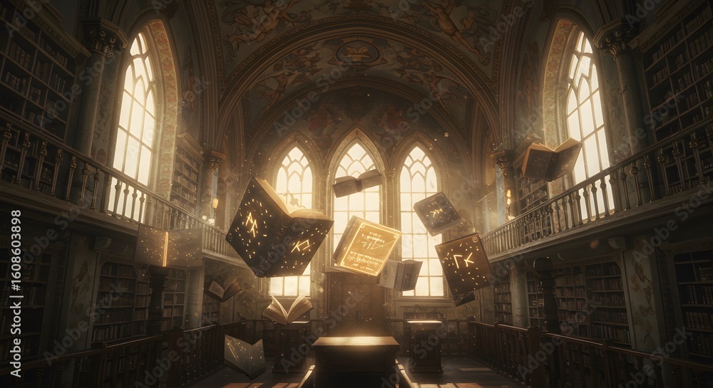 Obraz premium A grand library interior with tall windows and ornate ceiling, featuring several books floating in the air, bathed in warm sunlight.
