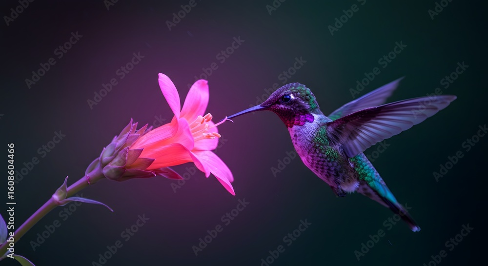 Fototapeta premium A vibrant hummingbird delicately sips nectar from a pink flower, wings spread.