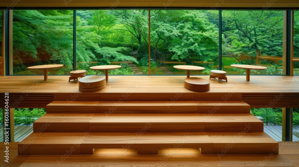 Indoor platform with wooden seating overlooks a lush, vibrant, green outdoor forest Indoor platform with wooden seating overlooks a lush, vibrant, green outdoor forest