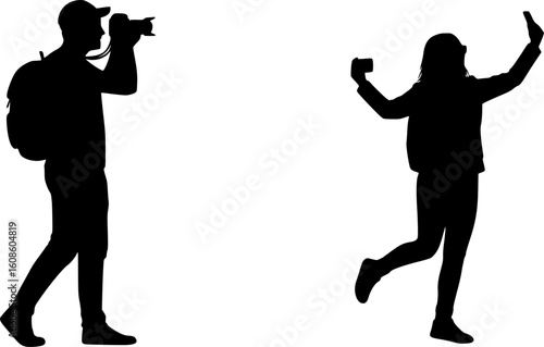 silhouettes of two tourists taking photos without background
