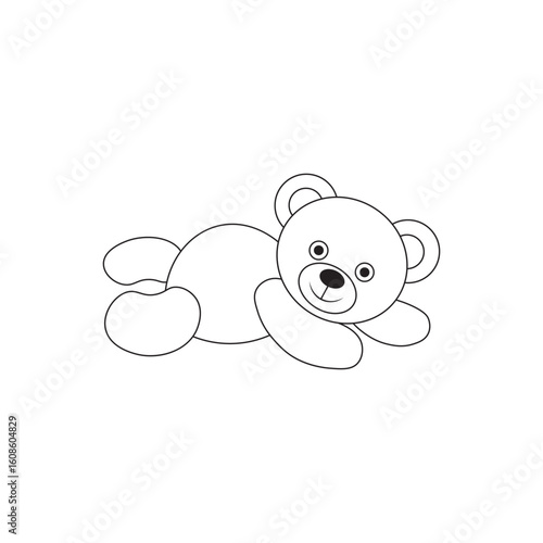  adorable teddy bear line art lying down in relaxed pose, black and white outline illustration for coloring book or nursery on white background