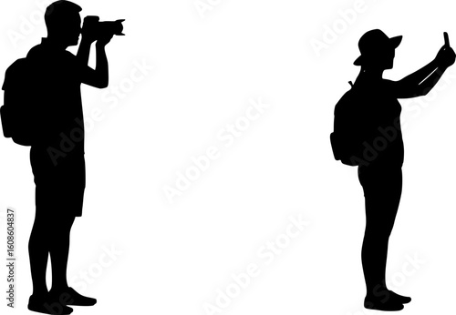 silhouettes of two tourists taking photos without background
