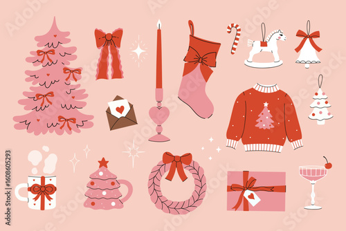 Pink Christmas set of cozy graphic elements. Vector graphics.