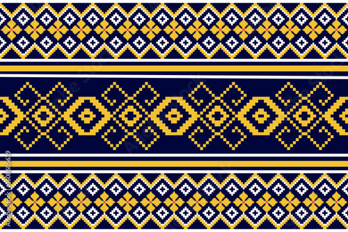 Vibrant pixel-style textile pattern featuring bold yellow diamond motifs and traditional borders on navy. Ideal for fabric prints, ethnic crafts, and cultural digital design.