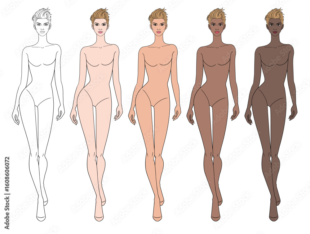Colored skin tones fashion croquis figurines walking with blonde short hair woman in vector.
